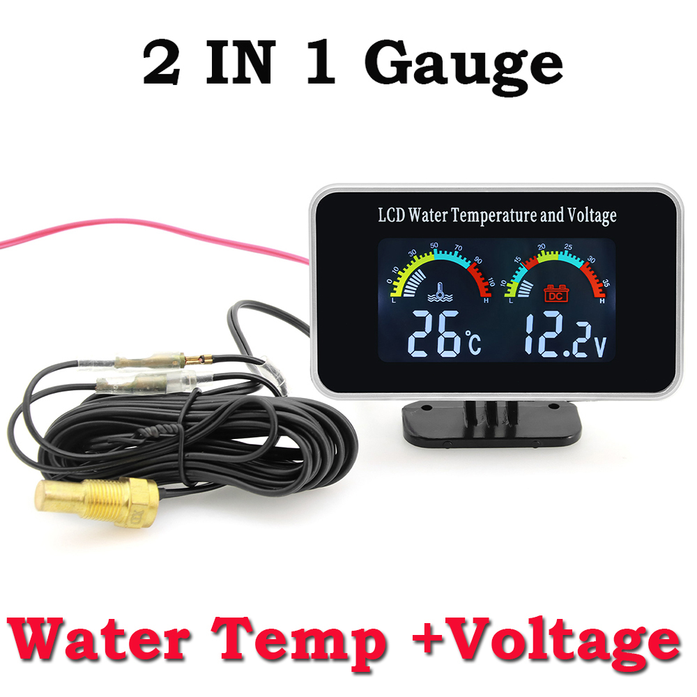 2 IN 1 Car LCD Meter Digital Voltage Water Temperature Gauge 10mm