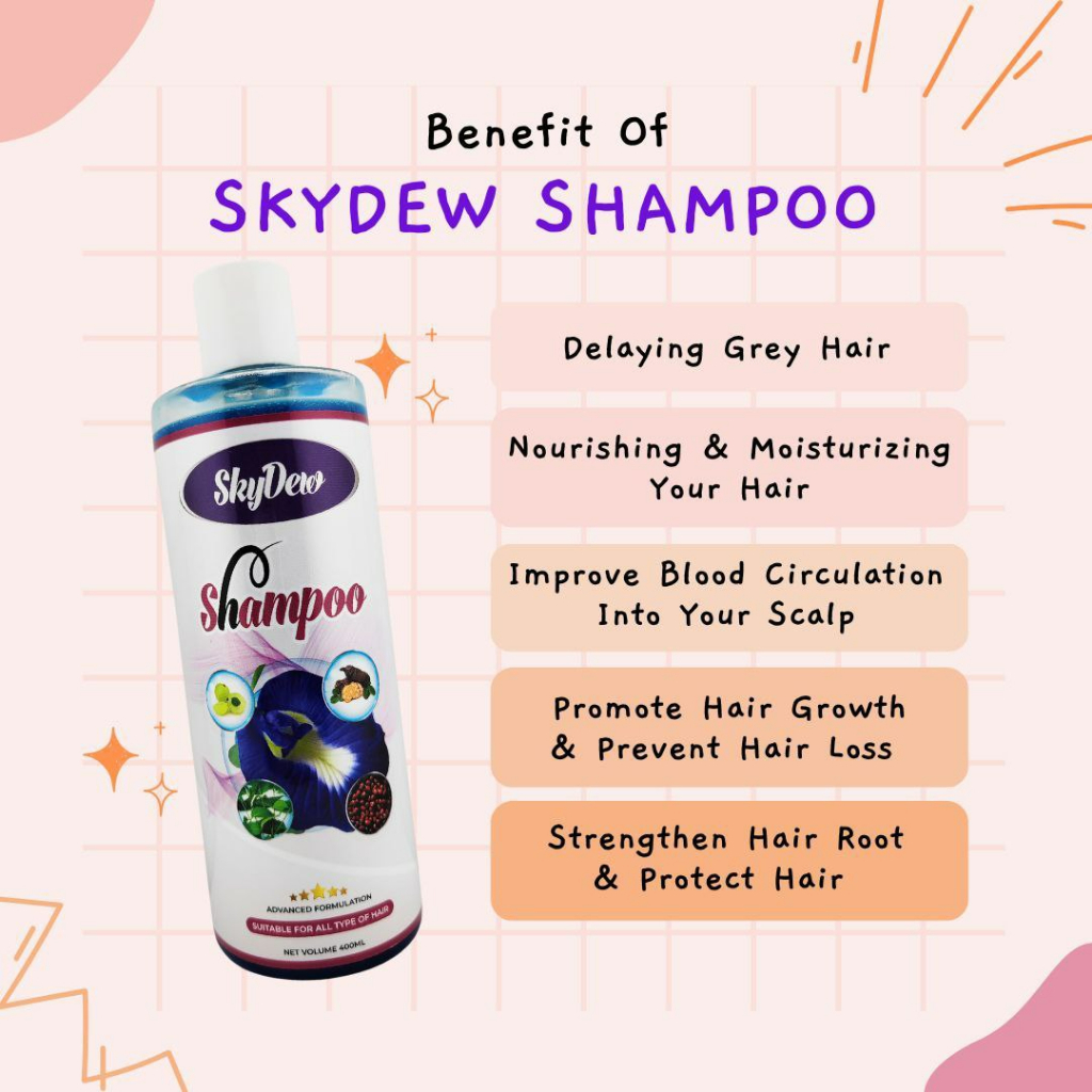 SkyDew Flower Shampoo Bunga Telang Shampoo He Shou Wu Pea Protein Hair Growth Shampoo Grey Hair
