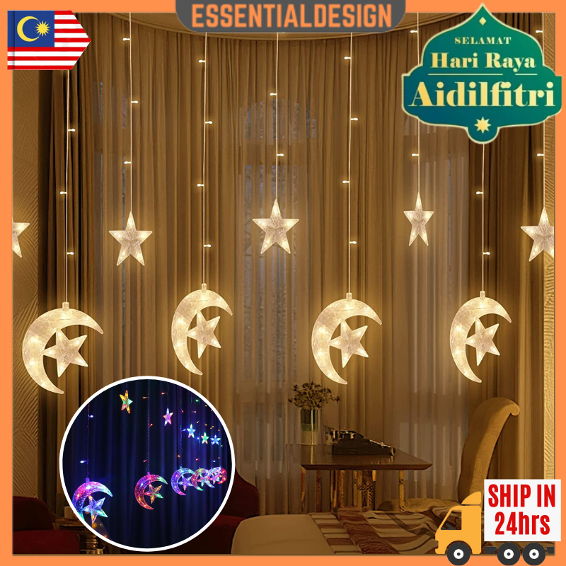 Lampu Raya 2023 Hiasan 4M LED Star Moon Fairy Light Curtain String ...
