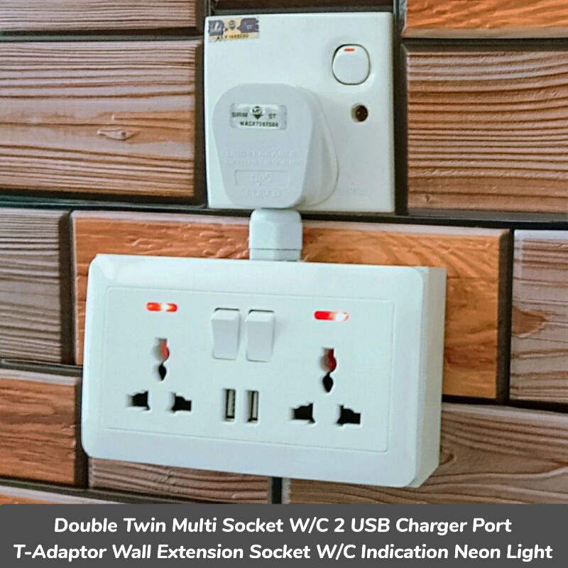 Double Twin T-Adaptor Heavy Duty Multi Adaptor W/C USB Charger Port X 2 ...