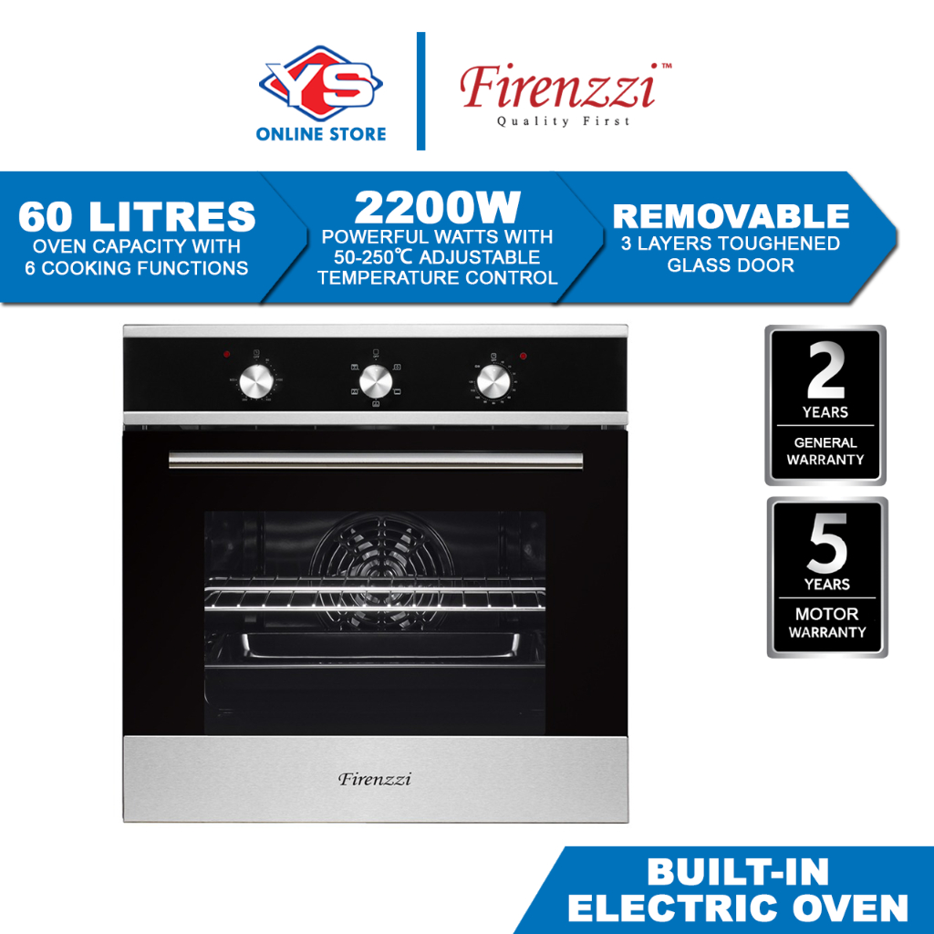 Firenzzi FBO6063 60 Litres 3 Layer Removable Glass Door Builtin Oven
