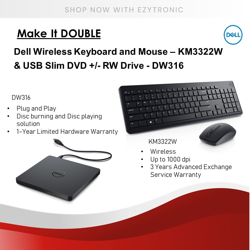 Dell KM3322W & DW316 Wireless Keyboard and Mouse & External USB DVD+