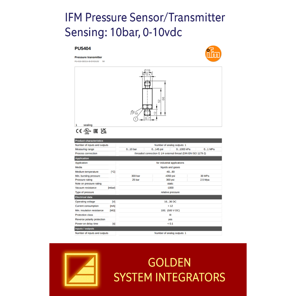 PU5404 Pressure Sensor IFM Pressure Transmitter 10bar Signal 010vdc