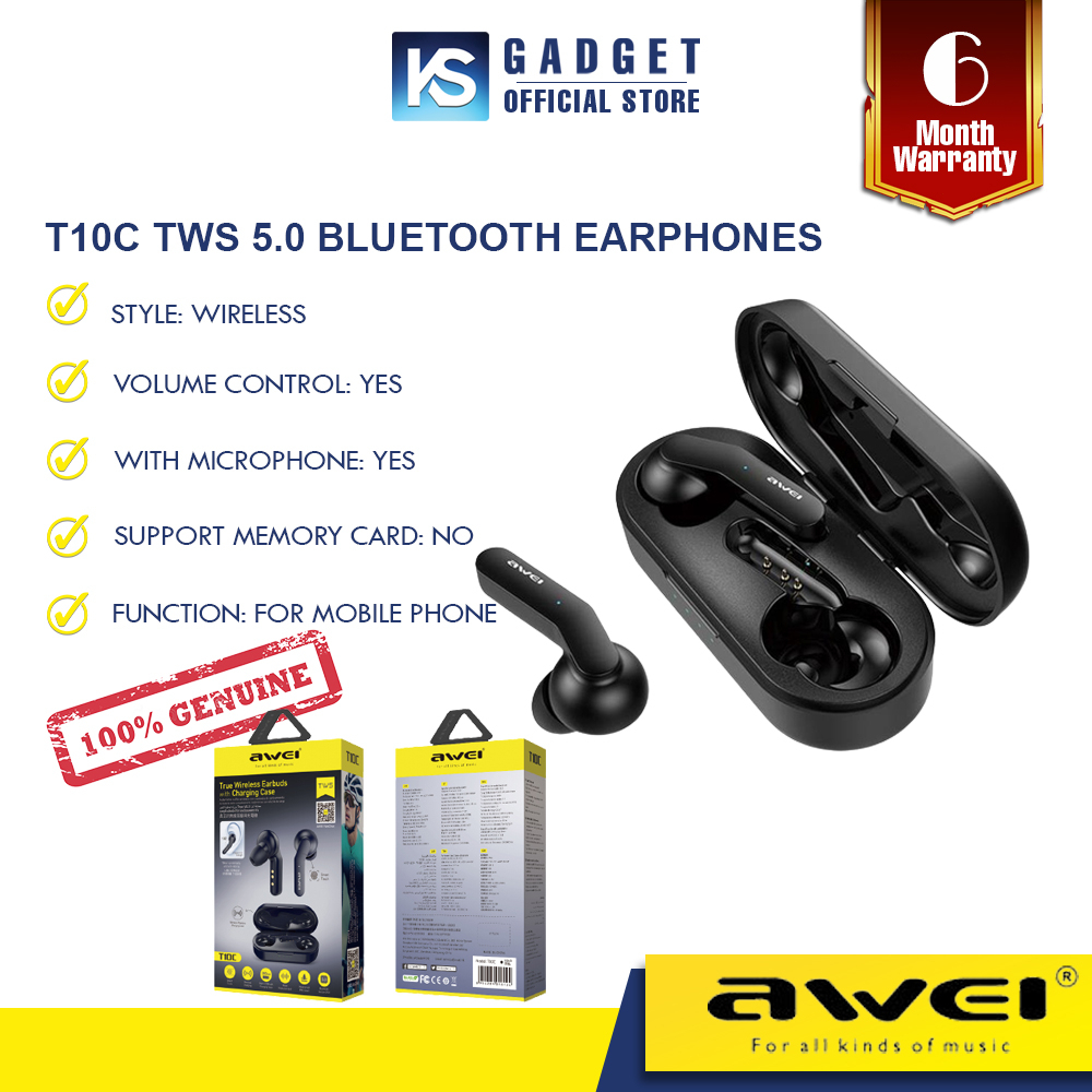 READY STOCK AWEI T10C TWS 5.0 Bluetooth Earphones Intelligent