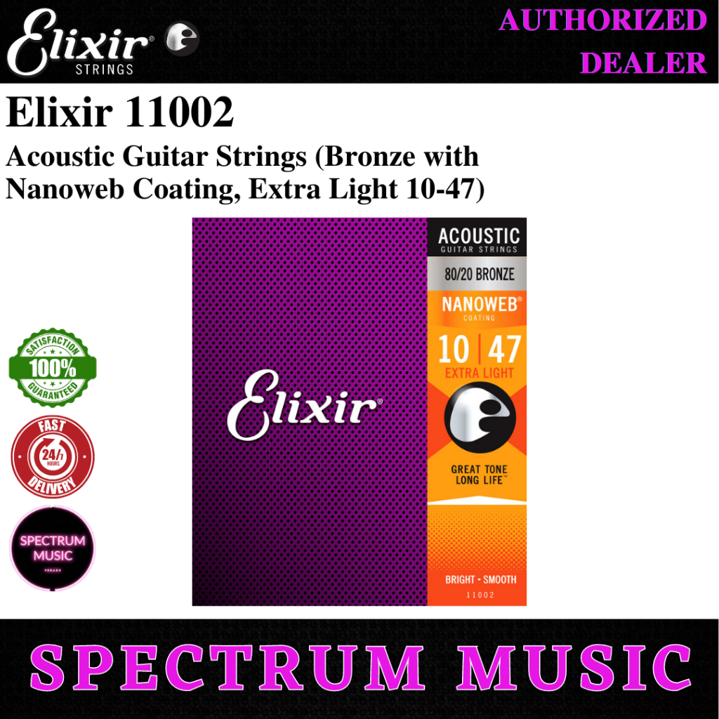 Elixir 11002 Nanoweb 80 20 Bronze Acoustic Guitar Strings Extra