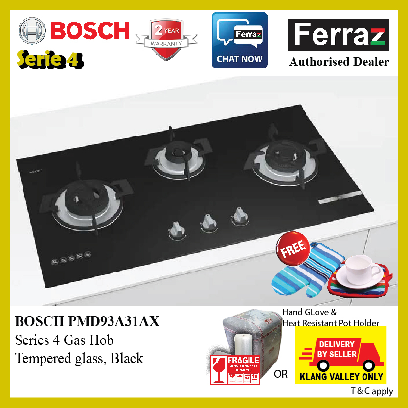 Bosch PMD93A31AX Series 4 92cm Gas Hob Tempered Glass, 3 Burner / Bosch