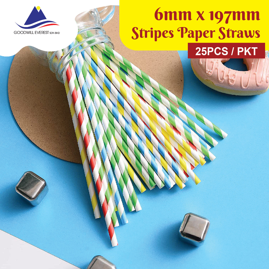 25pcs Pkt 6mm X 197mm Paper Straw With Stripes Colorful Striped