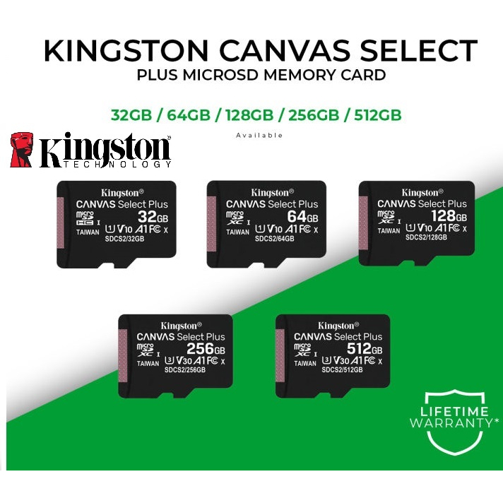Kingston - Lot de 3 Cartes Mémoires microSD Canvas Select Plus, 100R A1 C10, Capacité de 64 Go
