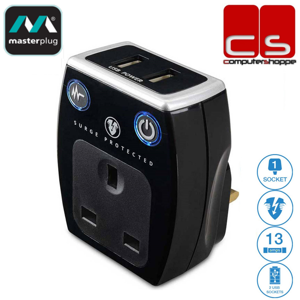 Masterplug Surge Protector 1 Gang 2 USB (3.1A) Surge Adaptor Glossy