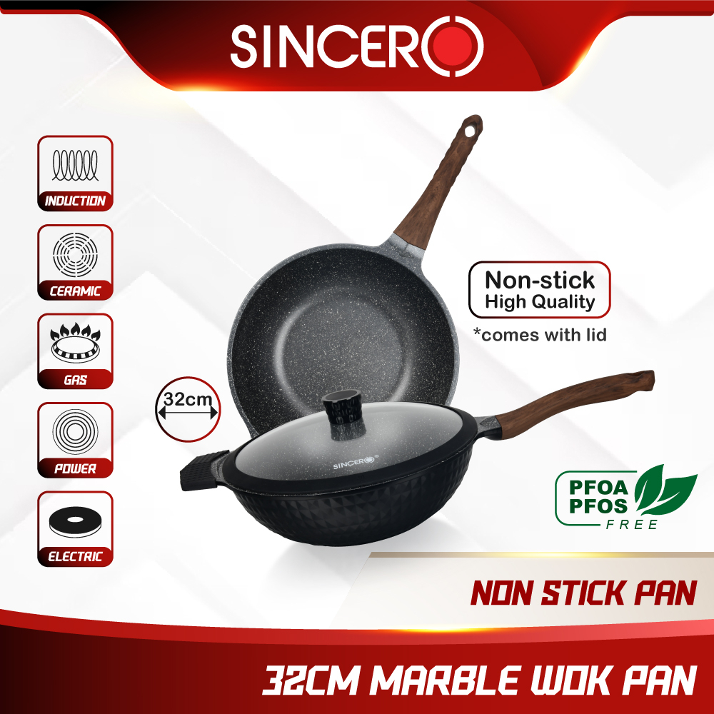 Sincero Diamond Series Marble Wok Pan with Lid (32cm) Shopee Malaysia