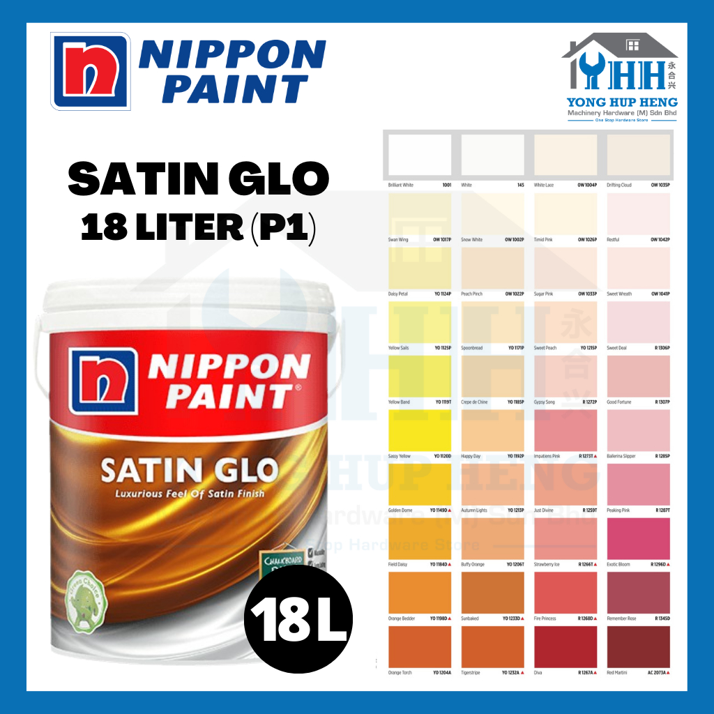 18L Nippon Paint Satin Glo Interior Wall (SHINE SURFACE) 100 Original Satinglo (P1) Shopee