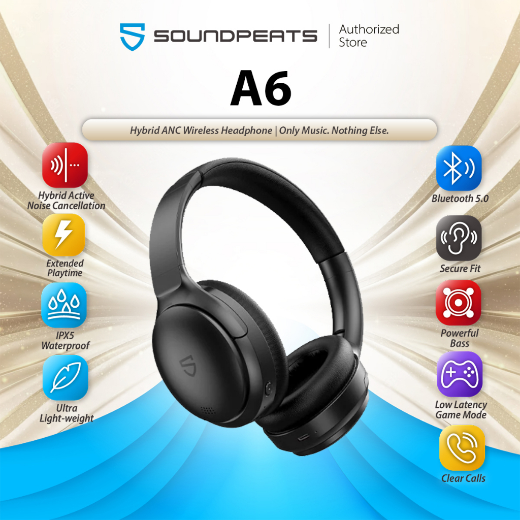 SoundPEATS A6 Hybrid Active Noise Cancelling Bluetooth Headphones, Premium  Sound, 38 Hrs Playtime, Foldable Design
