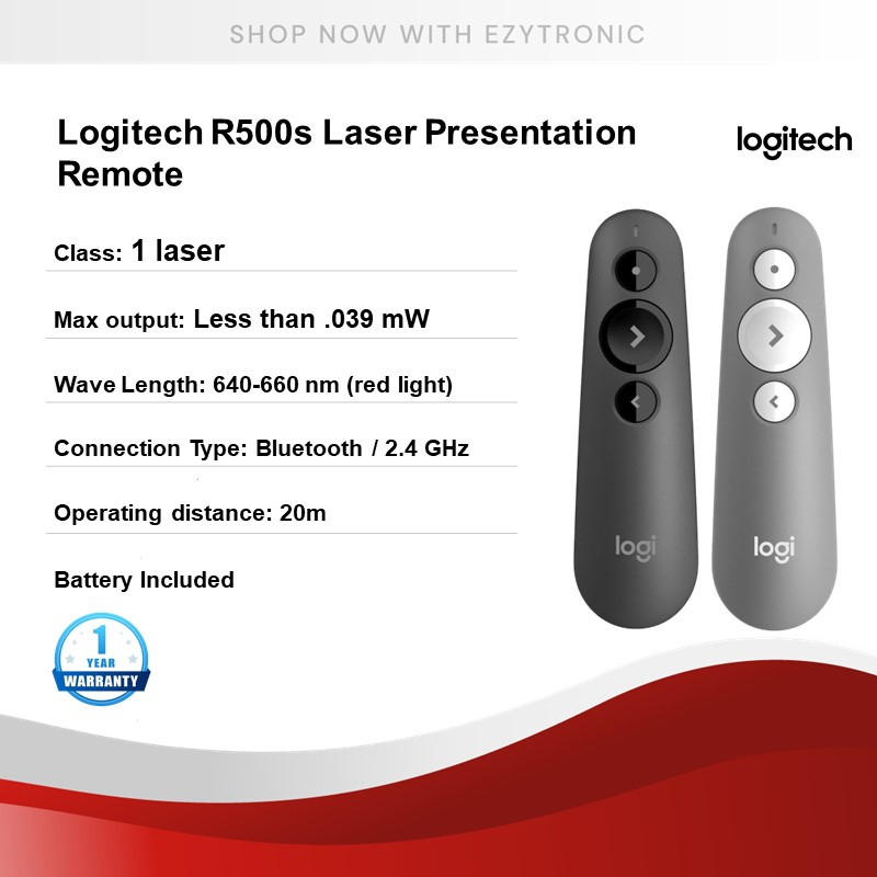 Logitech R500s Laser Presentation Remote Bluetooth / USB 1 Year