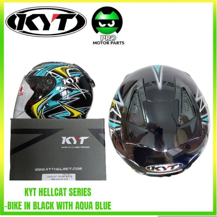 KYT HELLCAT BIKE IN BLACK WITH AQUA BLUE TOPI KELEDAR KYT OPEN FACE ...