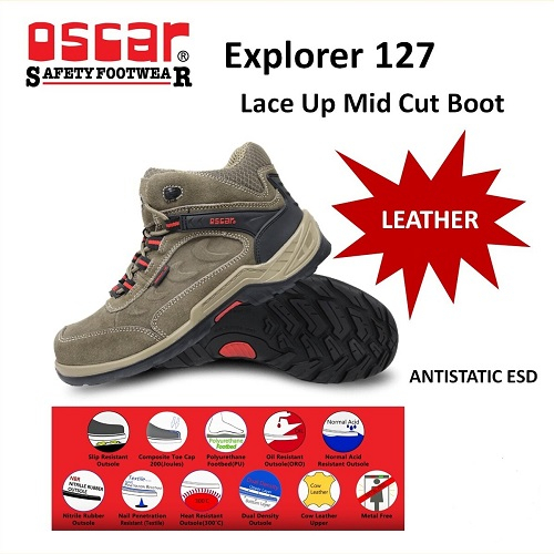 Oscar Safety Shoes Explorer 127 Olive With ESD Lace Up Mid Cut Boot