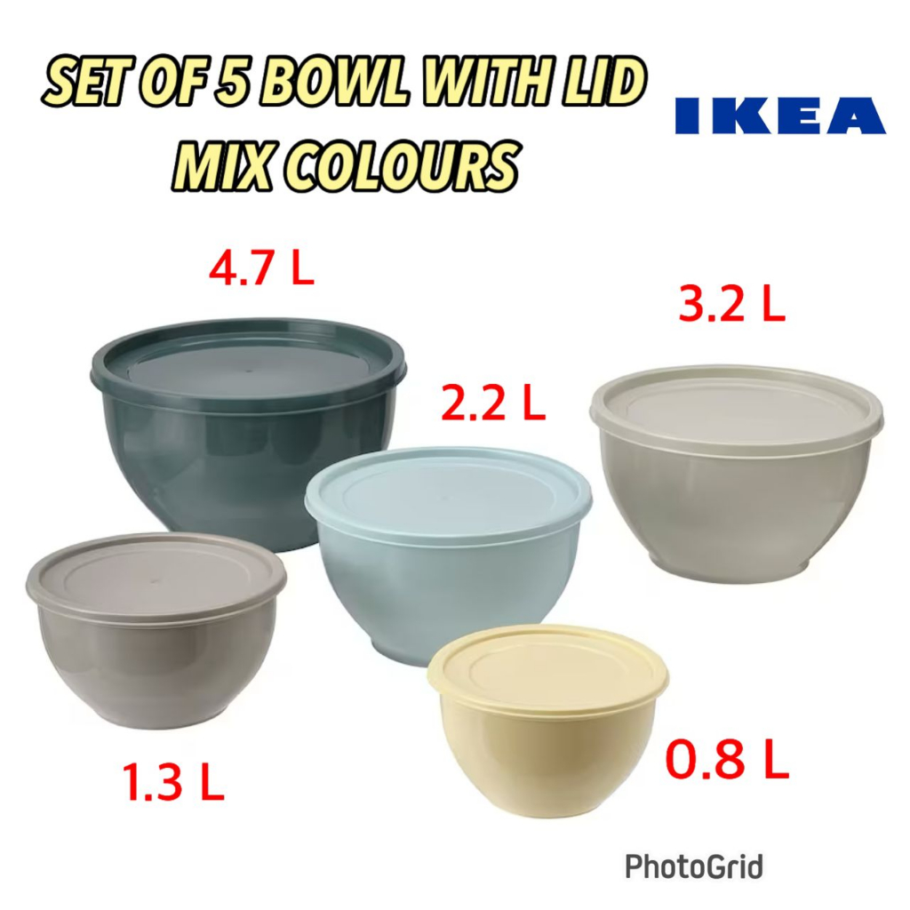 IKEA Bowl with Lid, Set Of 5, Mixed colours, Set 5 unit mangkuk