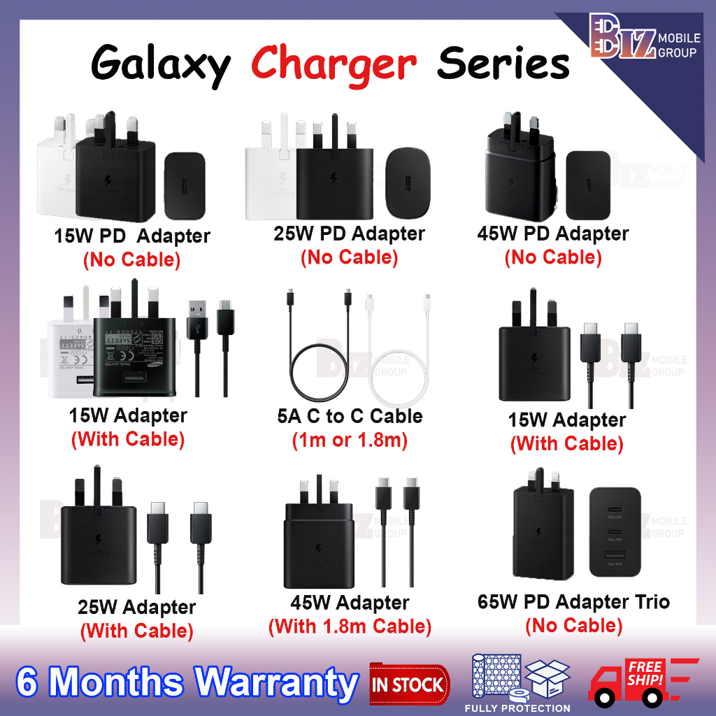 Samsung 15W / 25W/45W/65W Travel Adapter Super Fast Charger with Cable