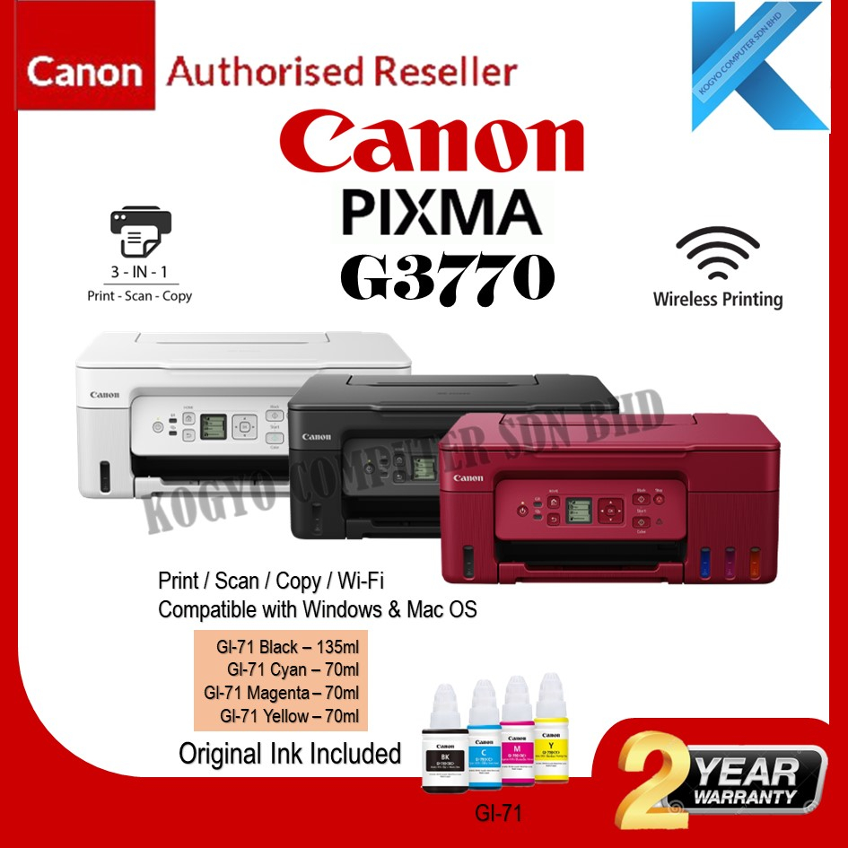 Canon Pixma G3770 Wireless Refillable Ink Tank Printer With Low Cost Printing Print Scan Copy 0200