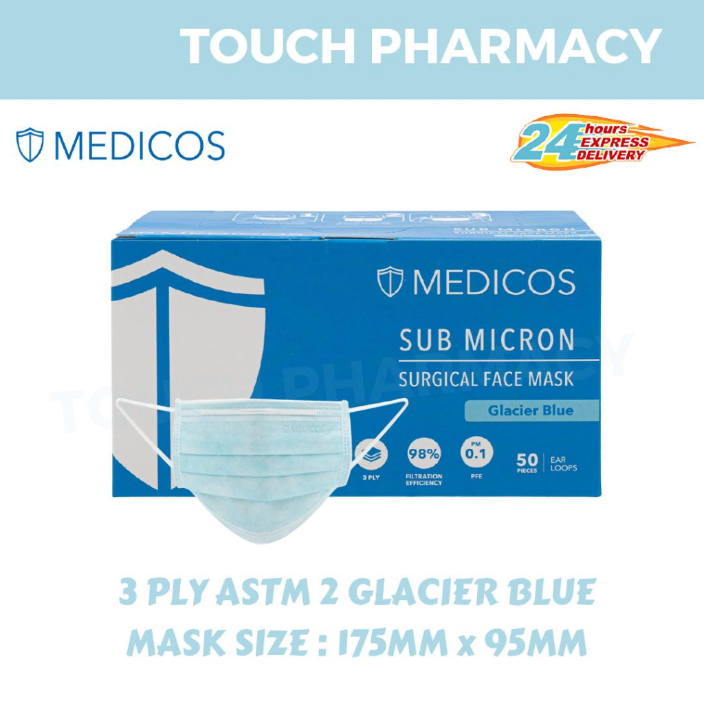 MEDICOS 4PLY ASTM 2 Ultra Soft Sub Micron Surgical Face Mask 50's (LUMI