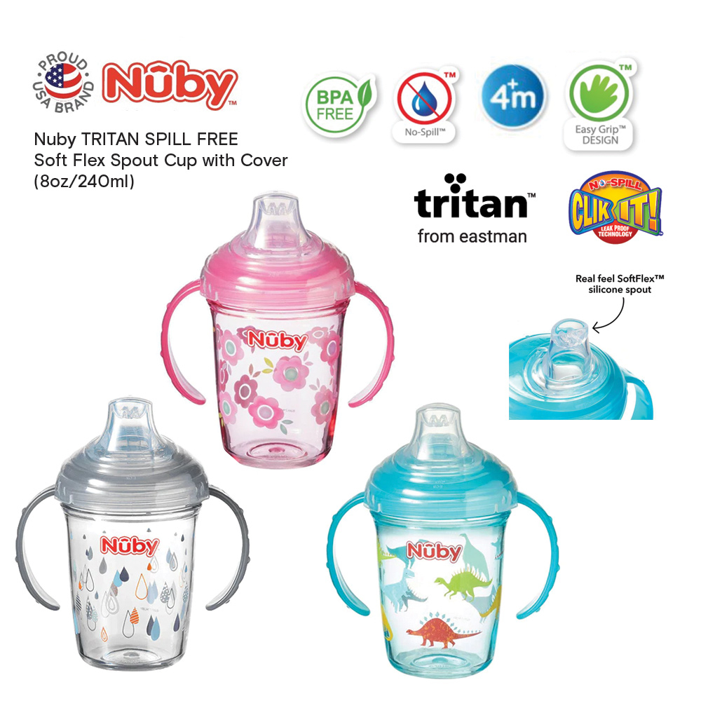 Nuby Tritan Spill Free Real Feel Soft Spout Cup with Handles 8oz/240ml 4m+  Baby Bottle BPA FREE with Cover Lid NB10567