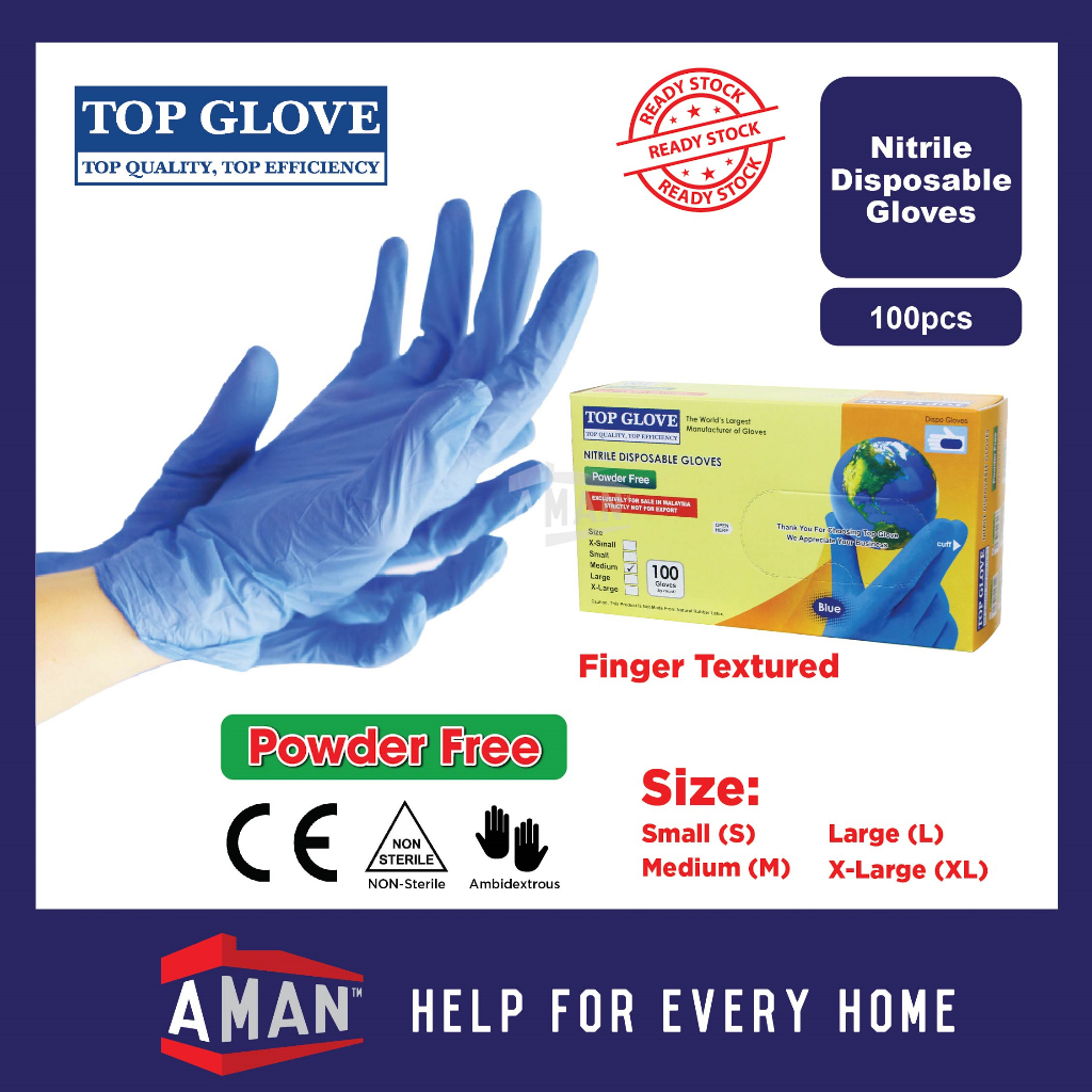 TOP GLOVE Nitrile Powder Free Blue Disposable Gloves 100 Pieces Single ...