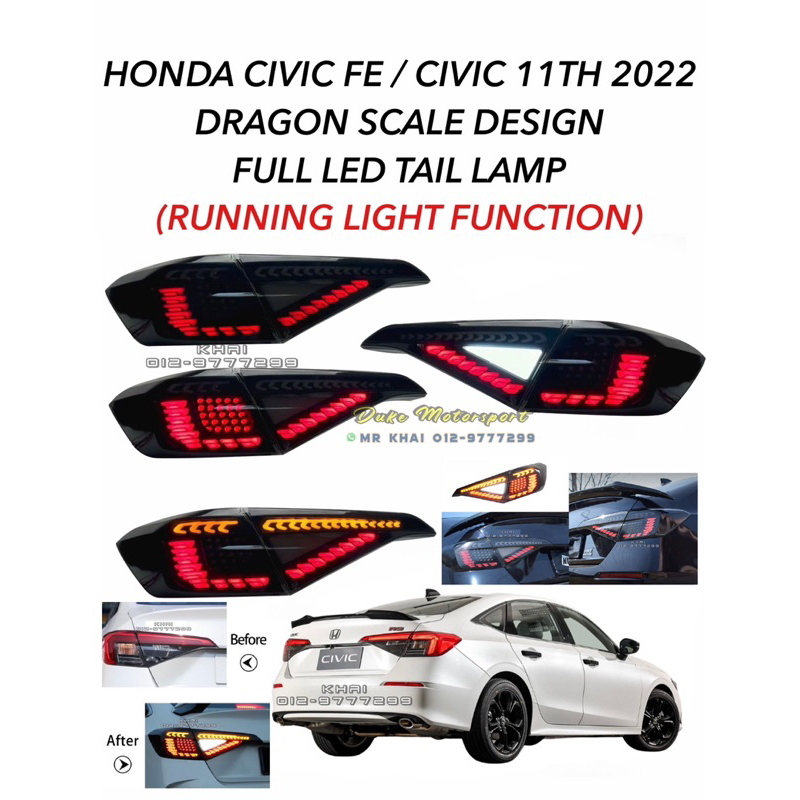 Honda Civic FE 11TH 2022 Dragon Scale Design Full LED Tail Lamp Running