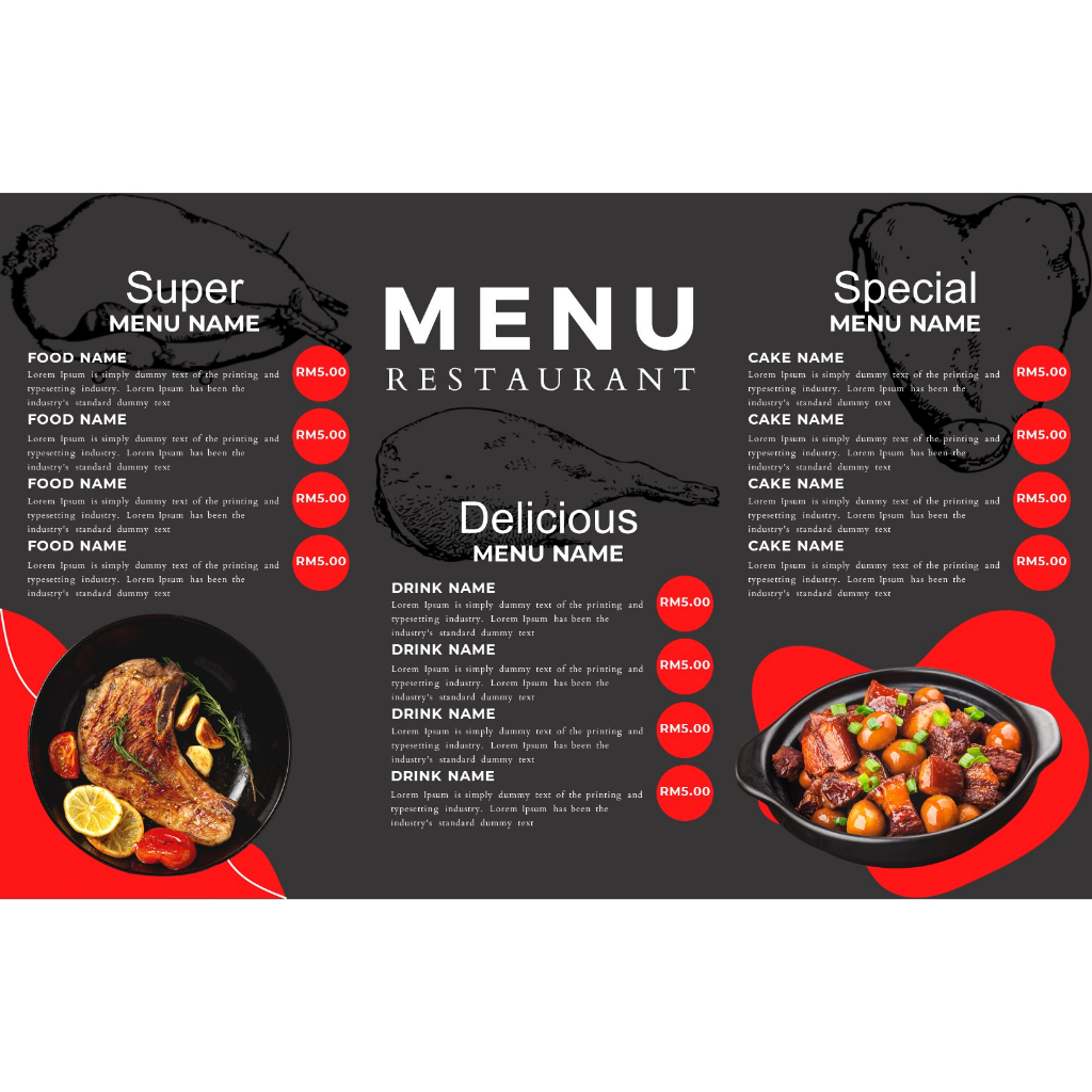 MENU PRICE LIST TEMPLATE [EDITABLE] grey and red modern menu landscape ...