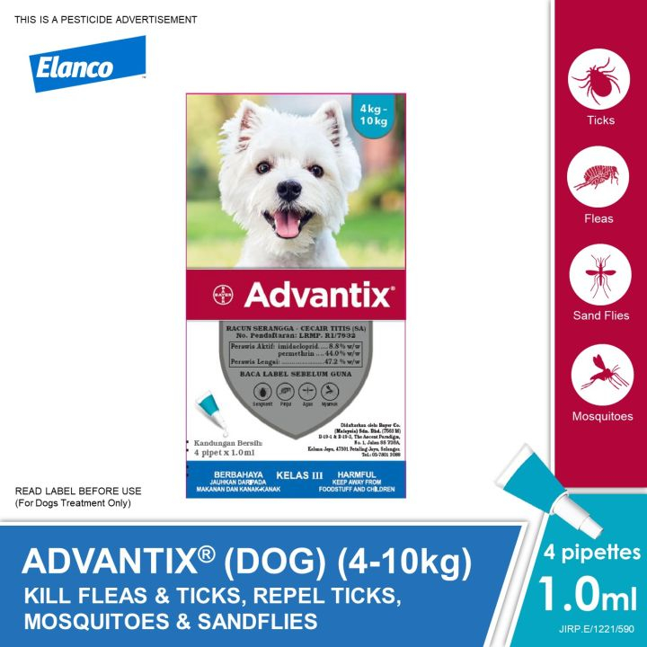 Advantix Dog Spot On Tick Flea Treatment (4 x 1.0ml) For 4kg to 10kg