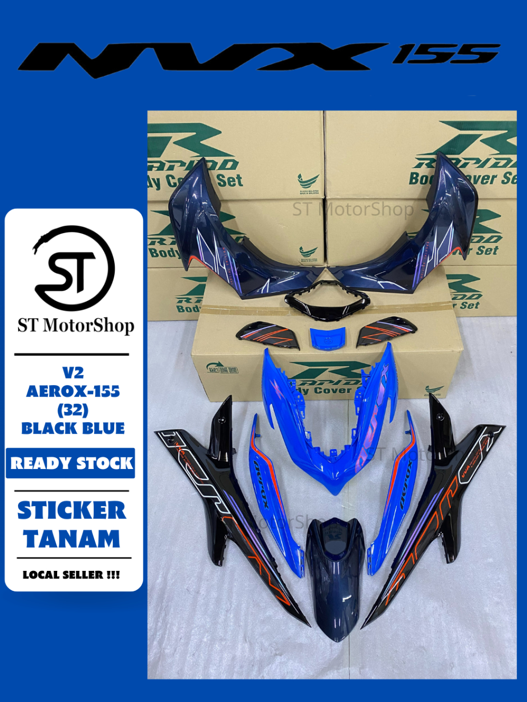 YAMAHA NV-X NVX V2 AEROX-155 (32) BLACK BLUE COVER SET (STICKER TANAM ...