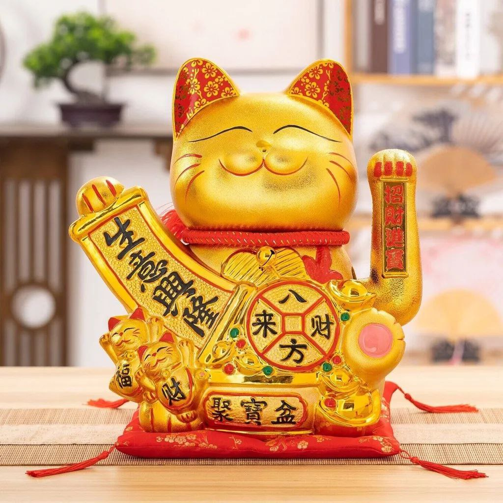✓9-11 Inch [Gold Fortune Lucky Cat] with Hand Waving Decoration/9