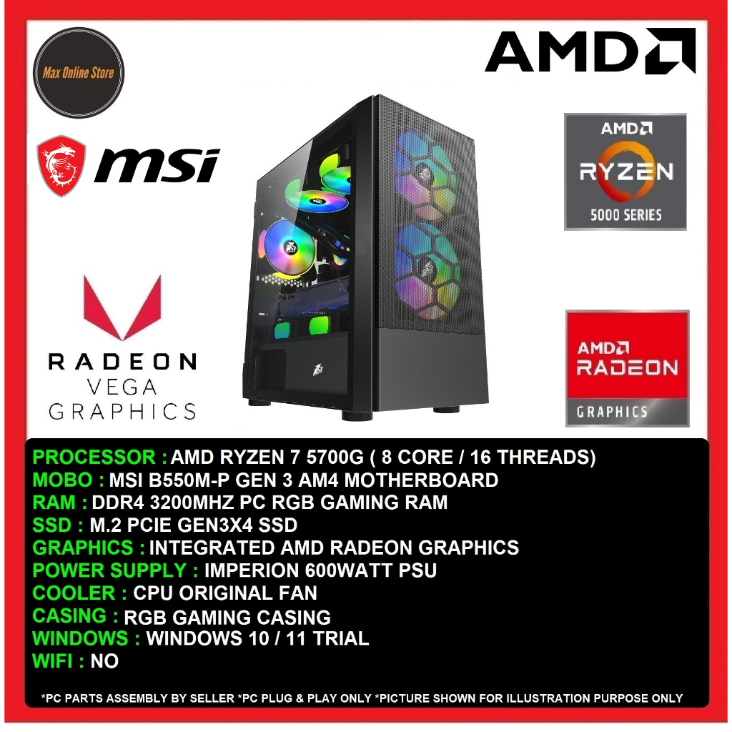 PC Gamer AMD Ryzen 7 5700G 16Gb Ram Graphics Vega 8