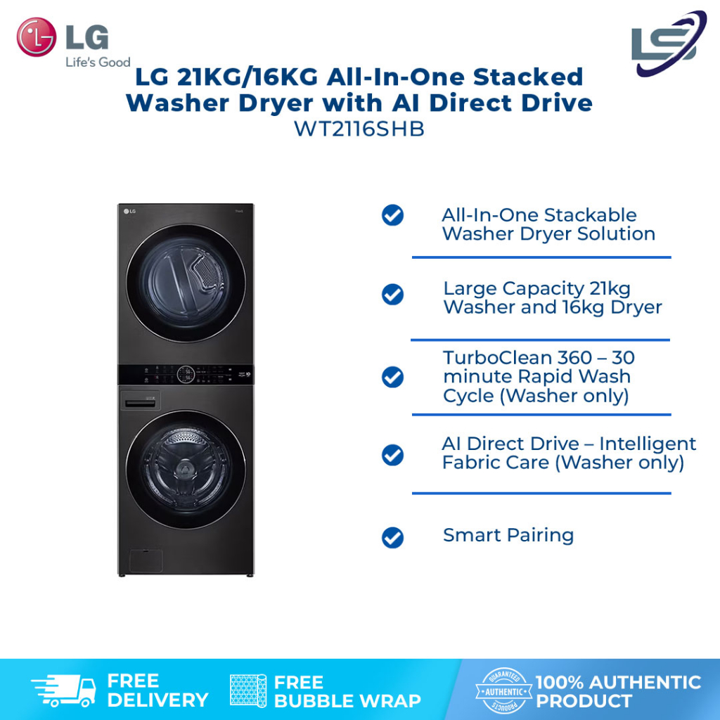 LG 21KG/16KG AllInOne Stacked Washer Dryer with AI Direct Drive WT2116SHB Heat Pump Dryer
