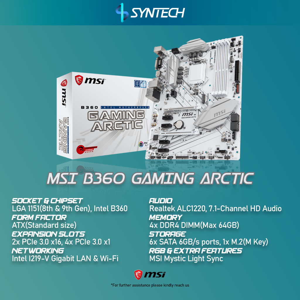 MOTHERBOARD MSI B360 GAMING ARCTIC Supports 9th / 8th Gen processors