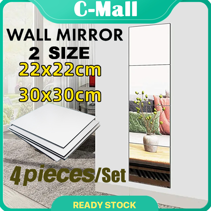 CMALL Set of 4 Mirror Wall Square Glass Wall Mirror 22x22cm Self