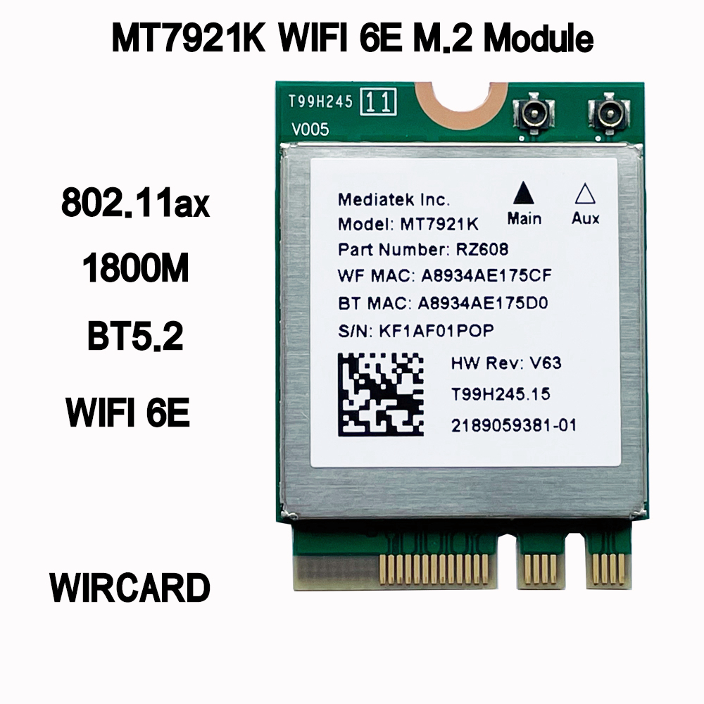 Wi-Fi 6E MediaTek MT7921k Tri band 1800Mbps 2.4G/5G/6G Bluetooth 5.2 ...