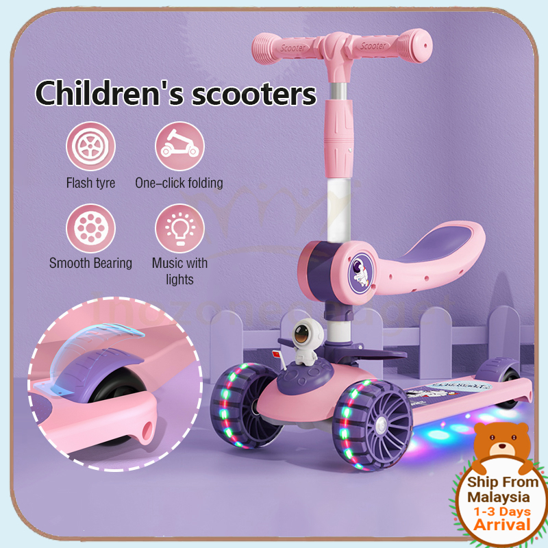 2 In 1 Child Scooter Toy Tricycle Scooter With Adjust Handle Bar PU Light Up Wheel-Yellow