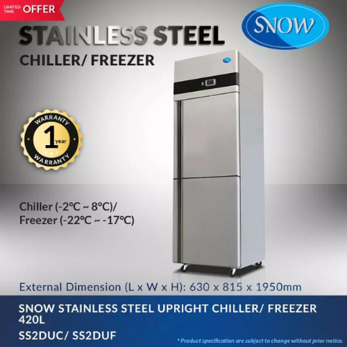 SNOW STAINLESS STEEL UPRIGHT 2 DOOR CHILLER/ FREEZER 420L (1 year ...