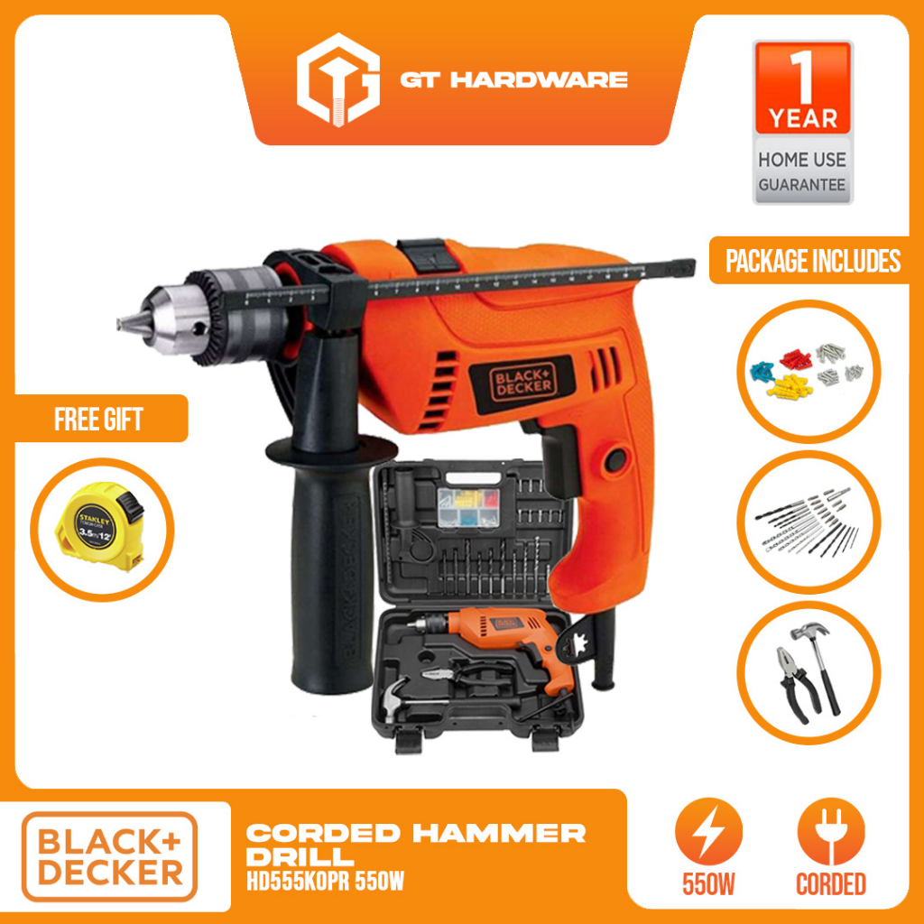 BLACK & DECKER HD555KOPR 550W 13mm Hammer Drill + 88pcs Accessories Set ...