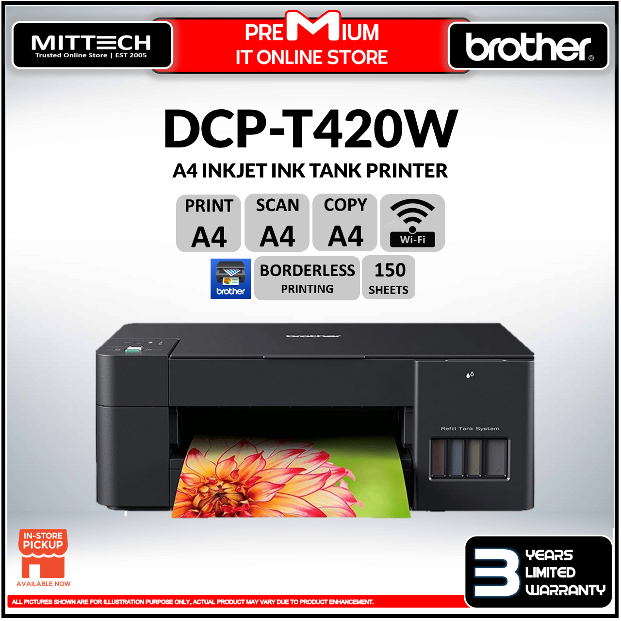 Brother DCPT420W A4 3in1 Wireless Colour Inkjet Printer Refill Ink