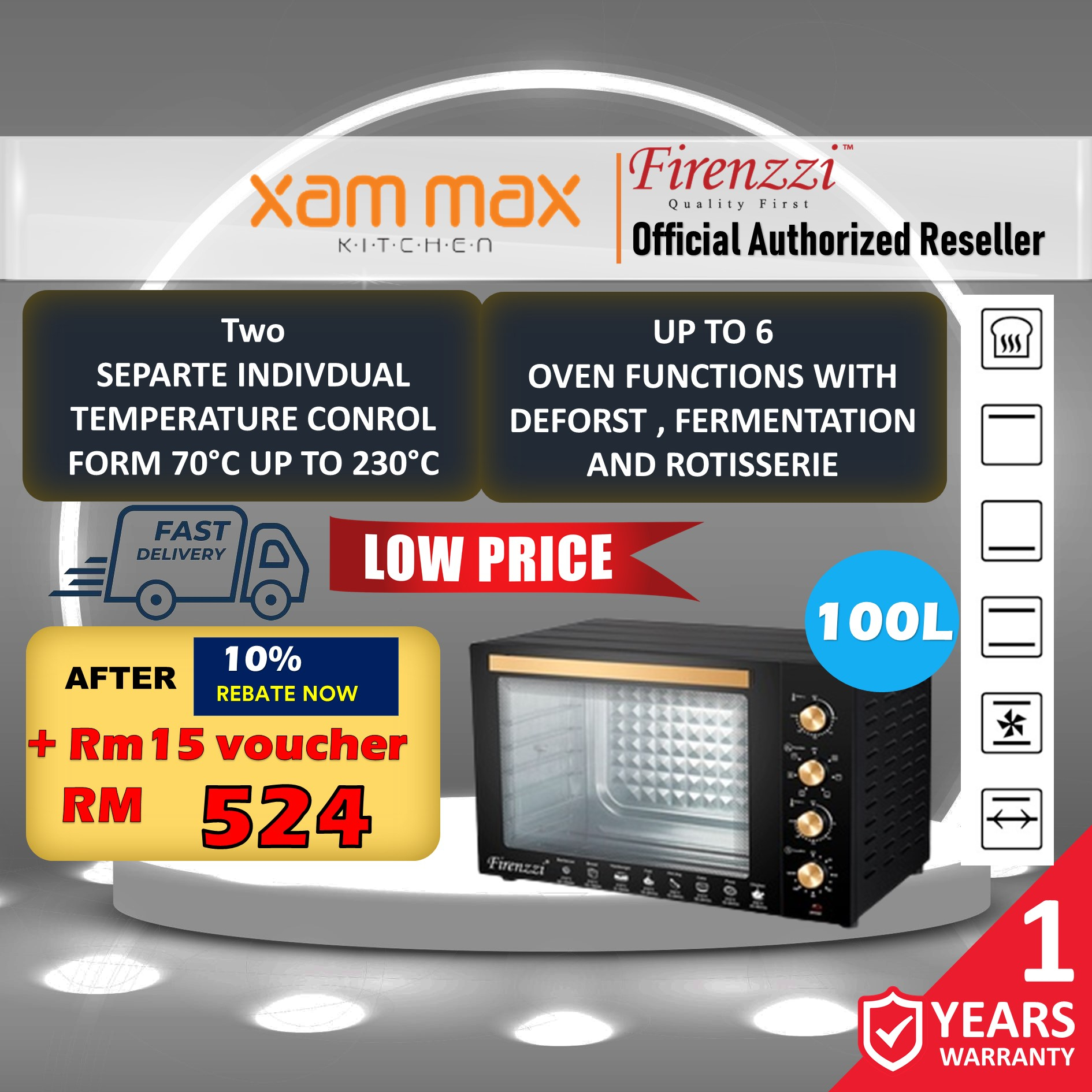 (Fast Delivery) Firenzzi TO5110BK 100 Liters 6 Cooking Function Oven