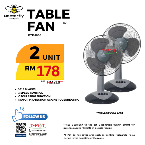 [2 Unit] Beeterfly Table Fan BTF1688 16 Inch Shopee Malaysia
