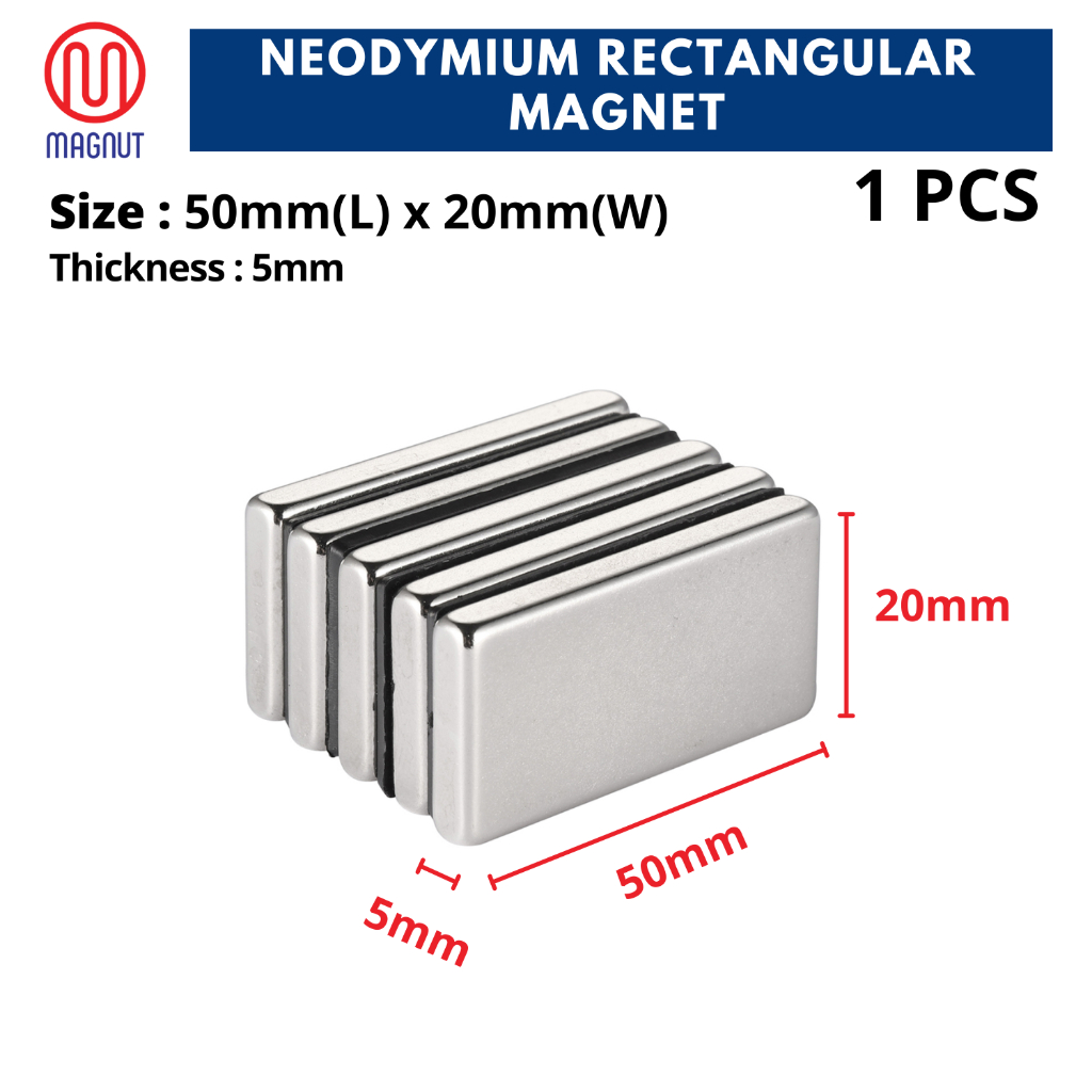 1pcs - 50mm x 20mm x 5mm Rare Earth Neodymium Rectangular Magnet ...