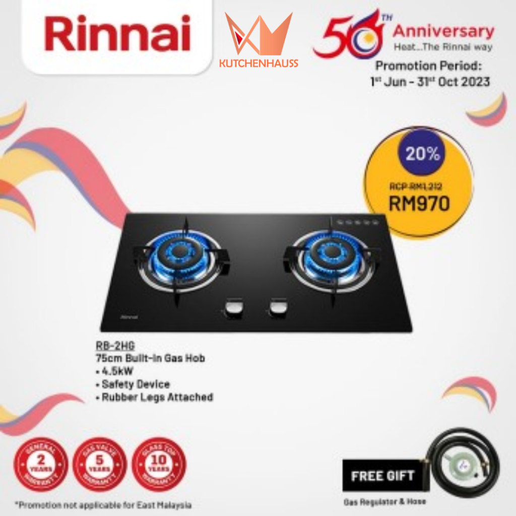 Rinnai 75cm Built In Gas Hob RB2HG (4.5kw) FOC Regulator & Hose / 75cm