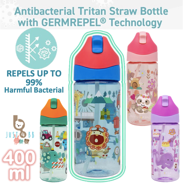 Marcus & Marcus Antibacterial Tritan Straw Bottle (400ml/13.5oz) Germ ...