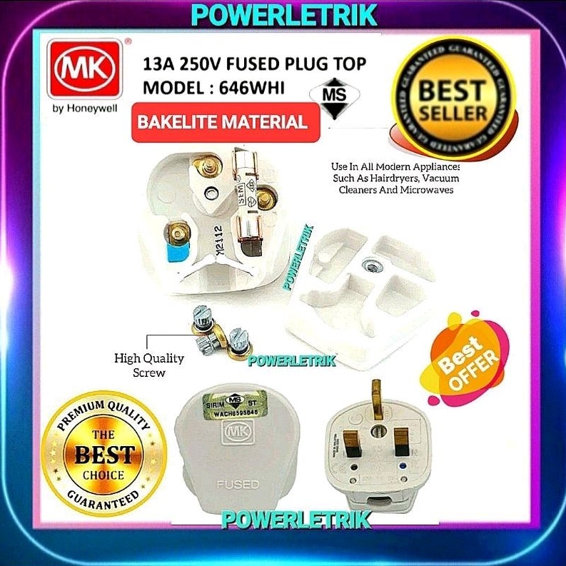 Ready Stock Mk 646whi 13a Heavy Duty Bakelite Material Plug Topmk