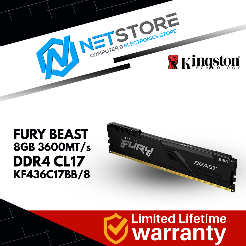 KINGSTON FURY BEAST 8GB 3600MT/s DDR4 CL17 DIMM BLACK -KF436C17BB/8 ...