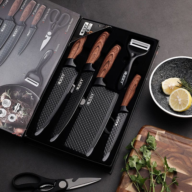 6 in 1 Knife Set Stainless Steel Japanese Damascus Knife with Black Oxidation iron Kitchen Chef