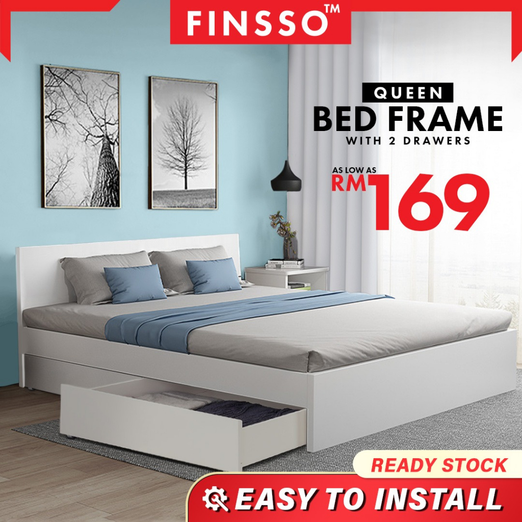 Finsso Bed Frame With 2 Storage Drawers with Headboard /Snow Series