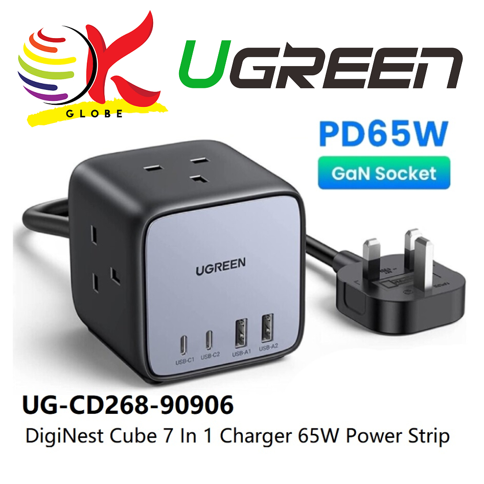 UGREEN 7 IN 1 CHARGER 65W POWER STRIP DIGINEST CUBE GAN EXTENSION USB C SLOTS POWER STRIP 3AC