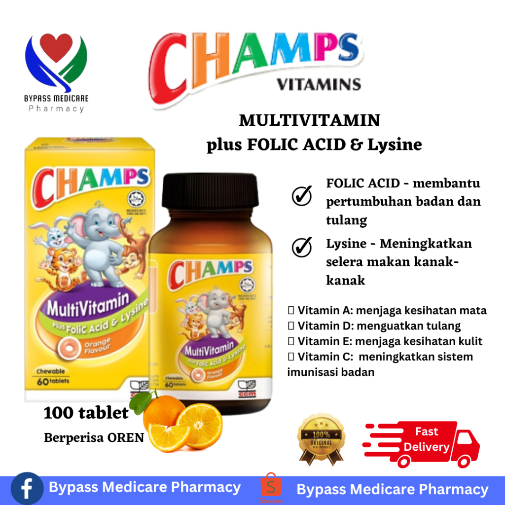 CHAMPS MULTIVITAMIN PLUS FOLID ACID & LYSINE 100'S ORANGE FLAVOUR ...